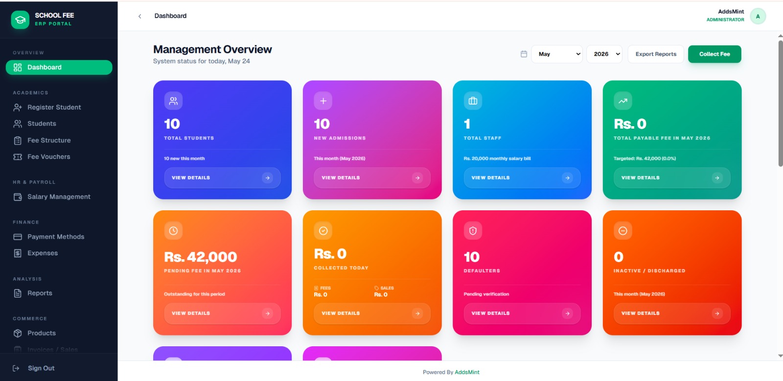FeeBook ERP dashboard preview